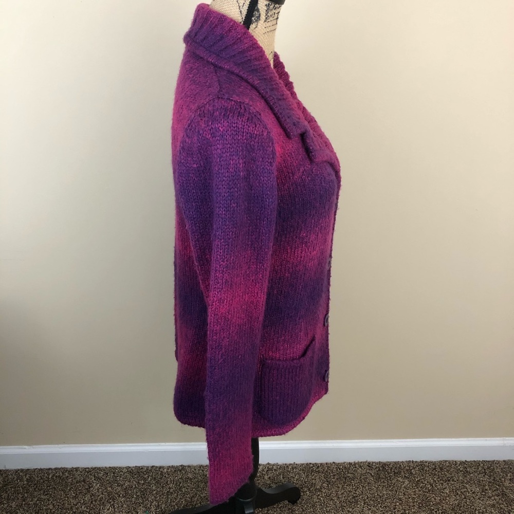 EWM Sweater Womens M Purple Pink Cozy Cardigan Wool Pocket Colorblock Long Slee…